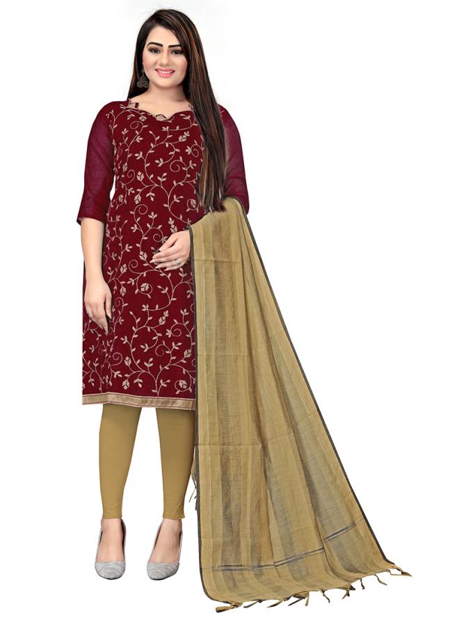 Chanderi Cotton Maroon Daily Wear Embroidery Work Churidar Suit